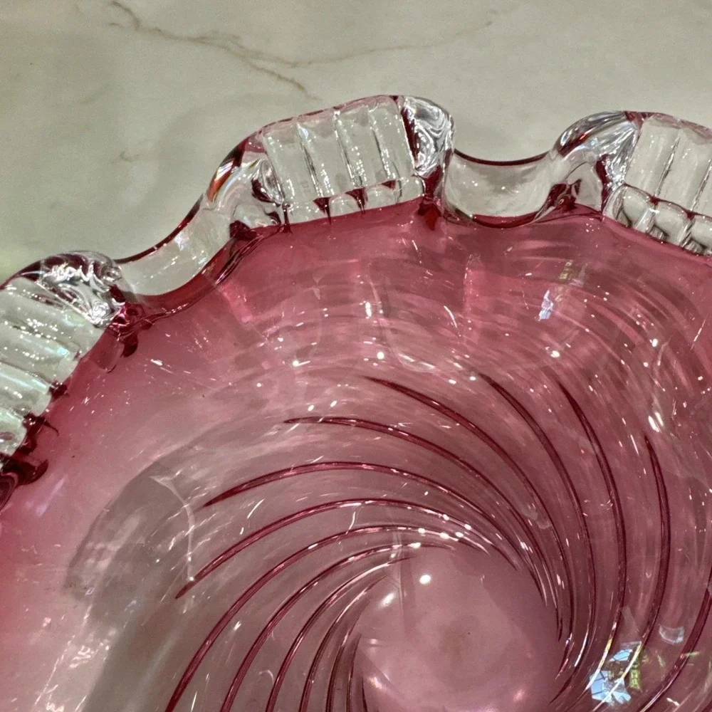 Chalet Canada Hand Made Candy Dish bowl Cranberry Swirl etched Vintage unmarked